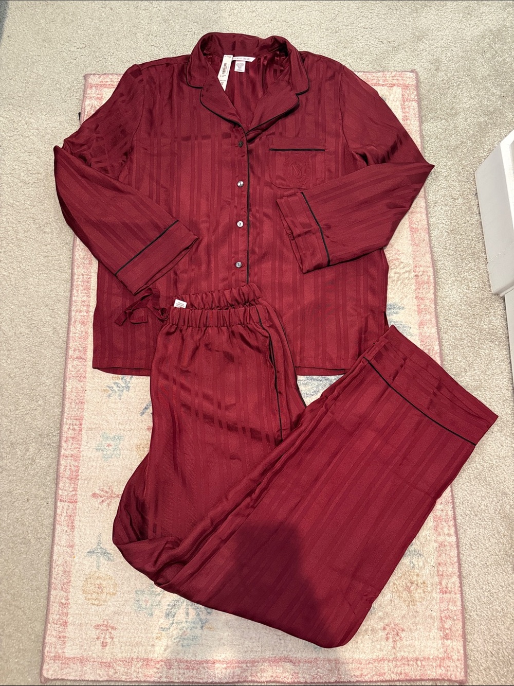 NWT Victoria’s Secret burgundy striped long sleeve button down satin pajamas